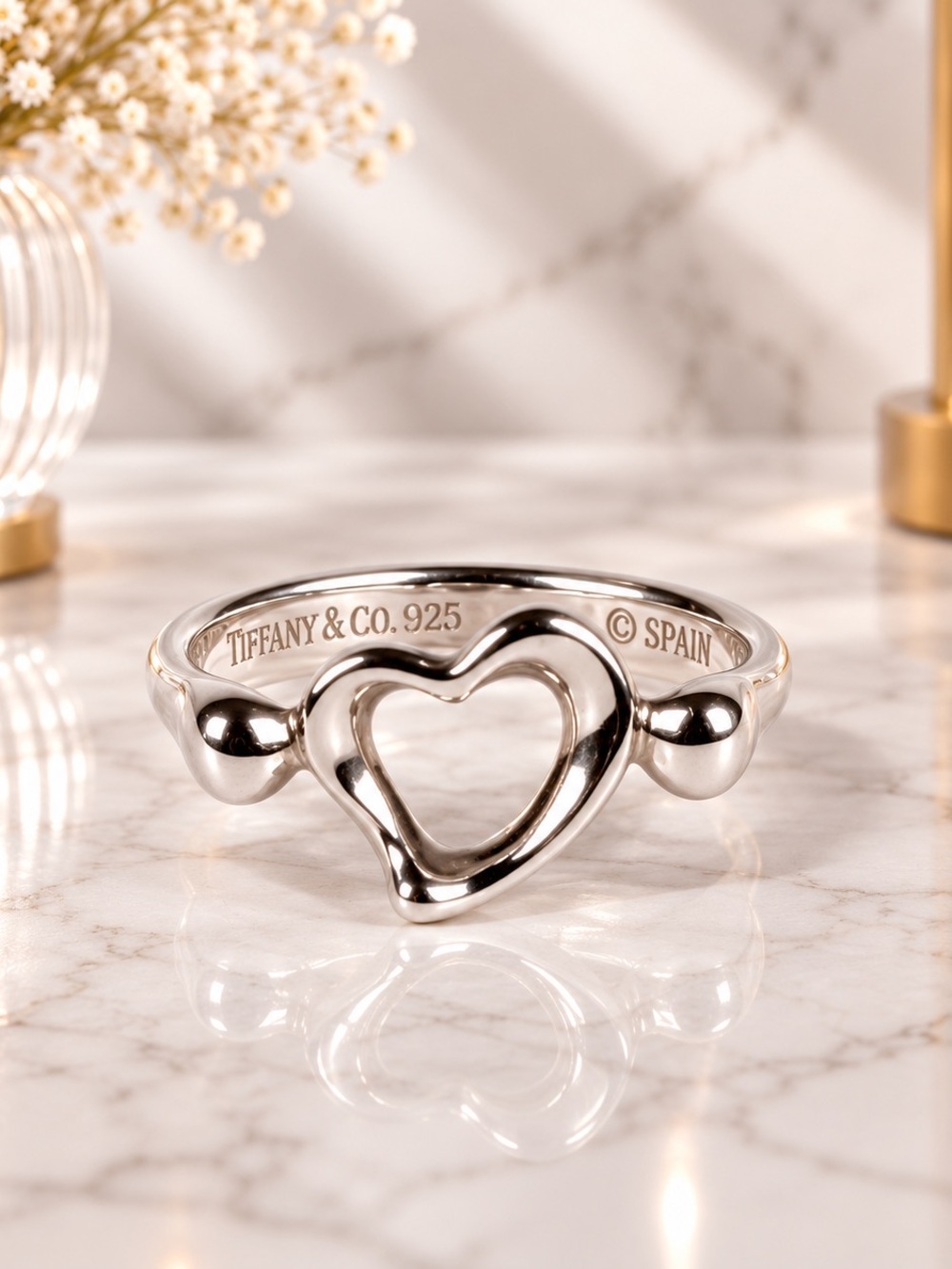 Tiffany & Co. Elsa Peretti Open Heart Sterling Silver Ring Size 4.5 Full Set